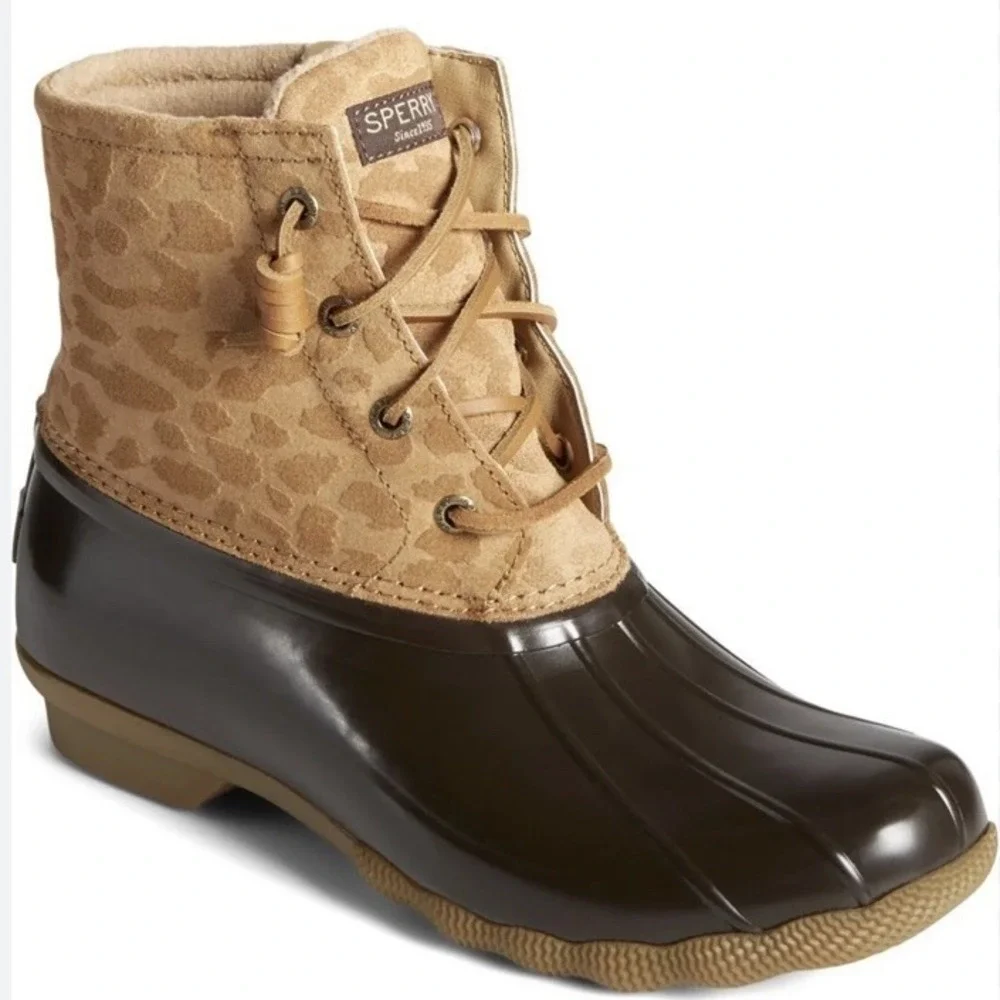 New Sperry Saltwater Cheetah Tan Duck Boots All Weather STS87095 Women's 7.5